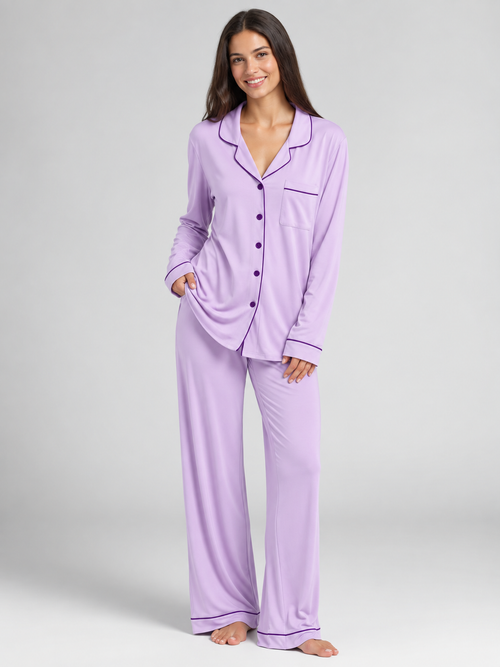 COMFI lavender long sleeve pajama set, studio model photograph 1
