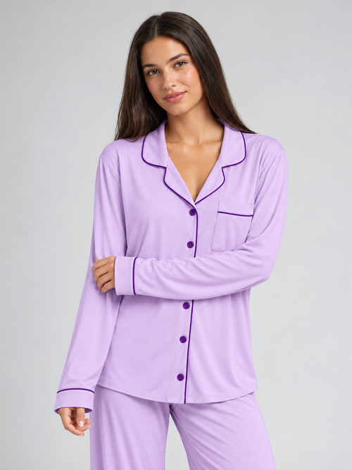 COMFI lavender long sleeve pajama set, studio model photograph 2