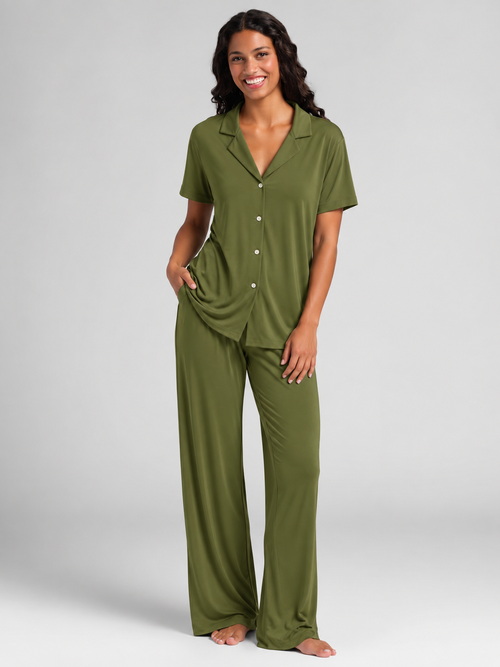 COMFI olive short sleeve pajama set, studio pose 1