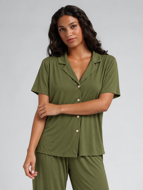 COMFI olive short sleeve pajama set, studio pose 2